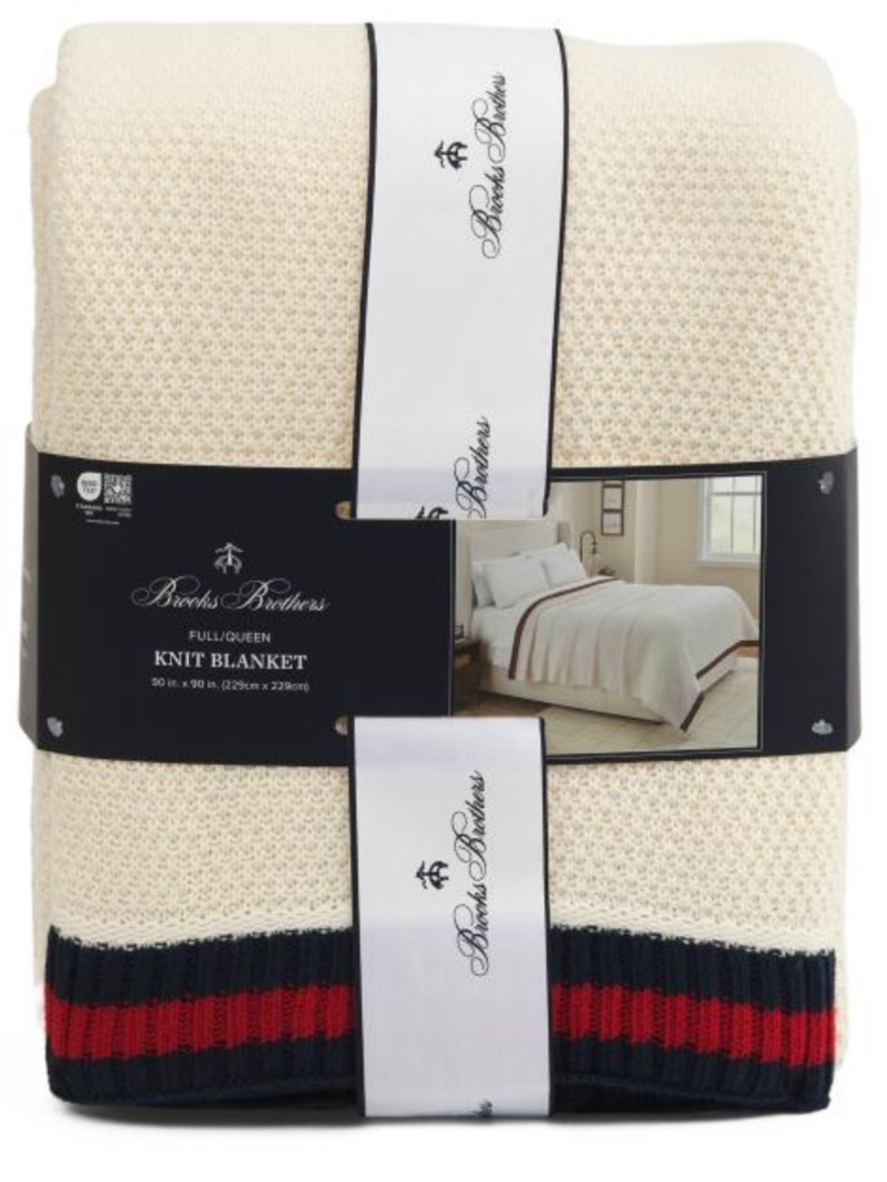 Brooks Brothers Cream Knit Blanket with Navy & Red Stripe Trim